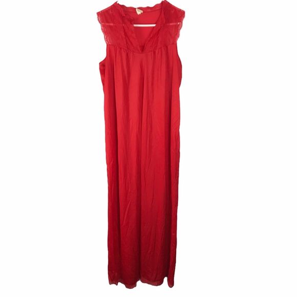 Texsheen‎ Vintage Red Nightgown Medium Nylon Lace Maxi Gown Babydoll Lingerie - Picture 1 of 7